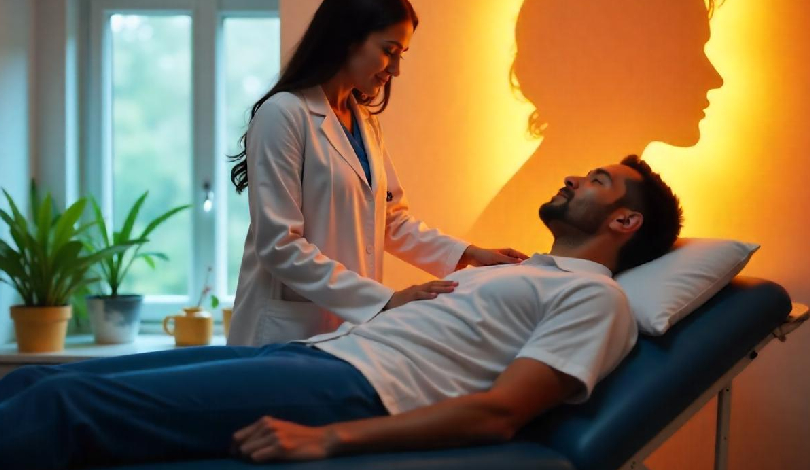 Physiotherapist assisting a patient with spinal cord injury rehabilitation.