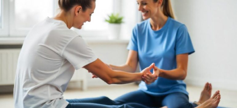 Physiotherapist guiding a patient through spinal stenosis exercises.