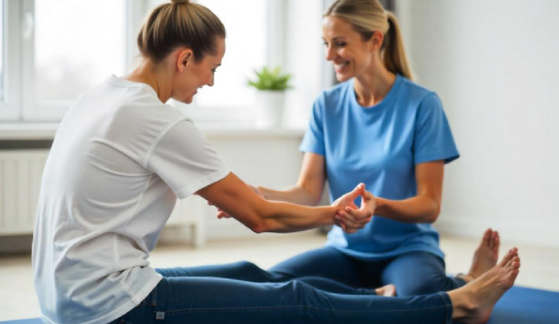 Physiotherapist guiding a patient through spinal stenosis exercises.