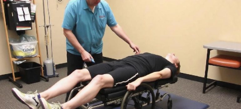 Physiotherapist guiding a spinal cord injury patient through rehabilitation exercises