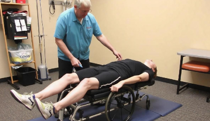 Physiotherapist guiding a spinal cord injury patient through rehabilitation exercises