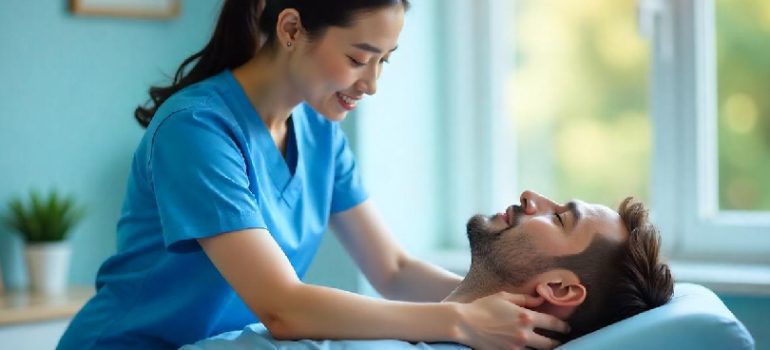 Physiotherapist performing cervical spine physical therapy on a patient.