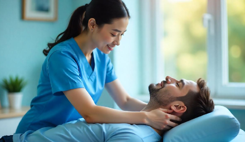 Physiotherapist performing cervical spine physical therapy on a patient.